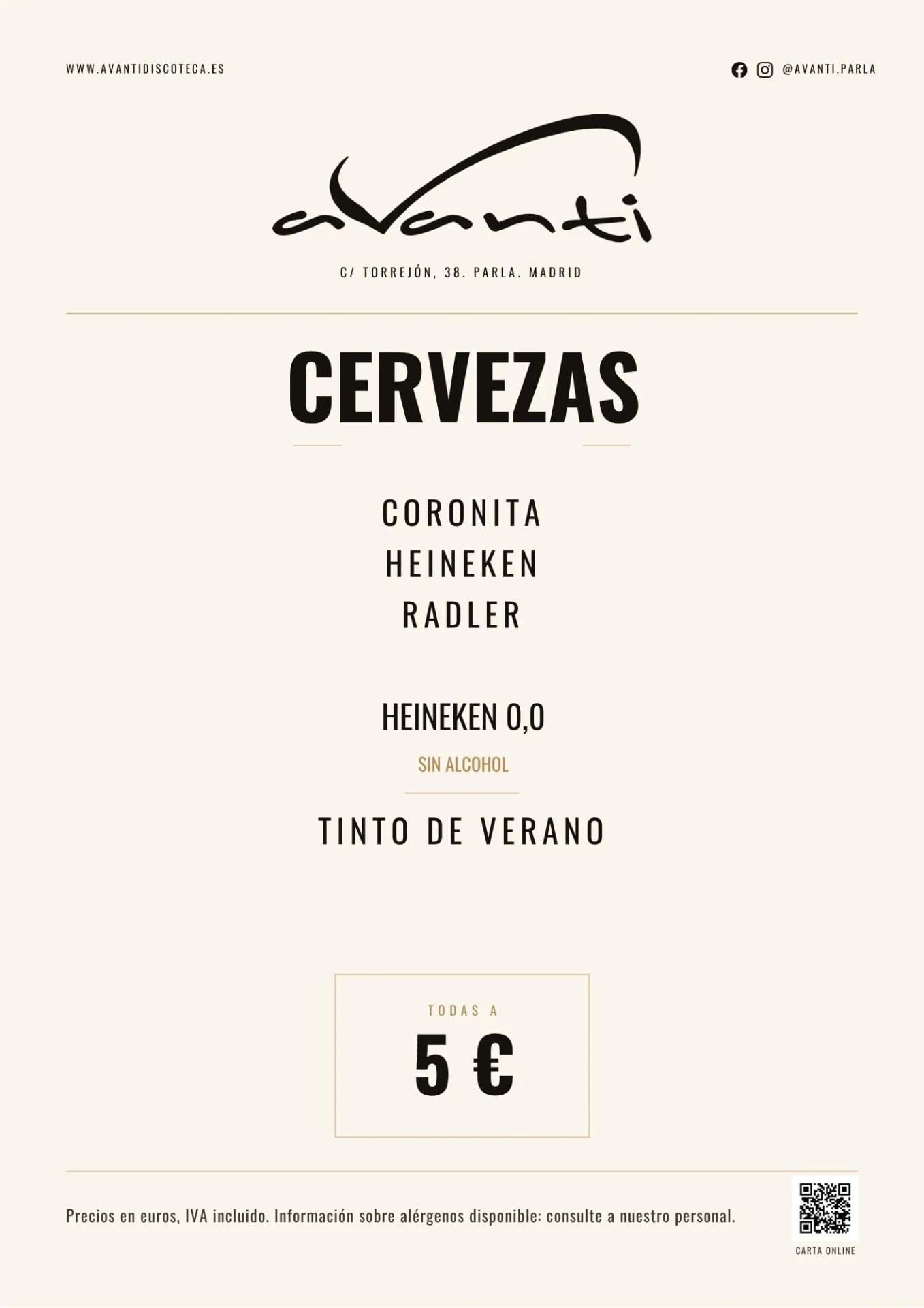 Listado de cervezas de Avanti Discoteca