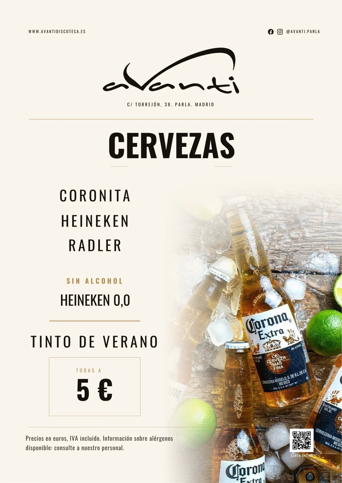 Carta ilustrada de cervezas de Avanti Discoteca