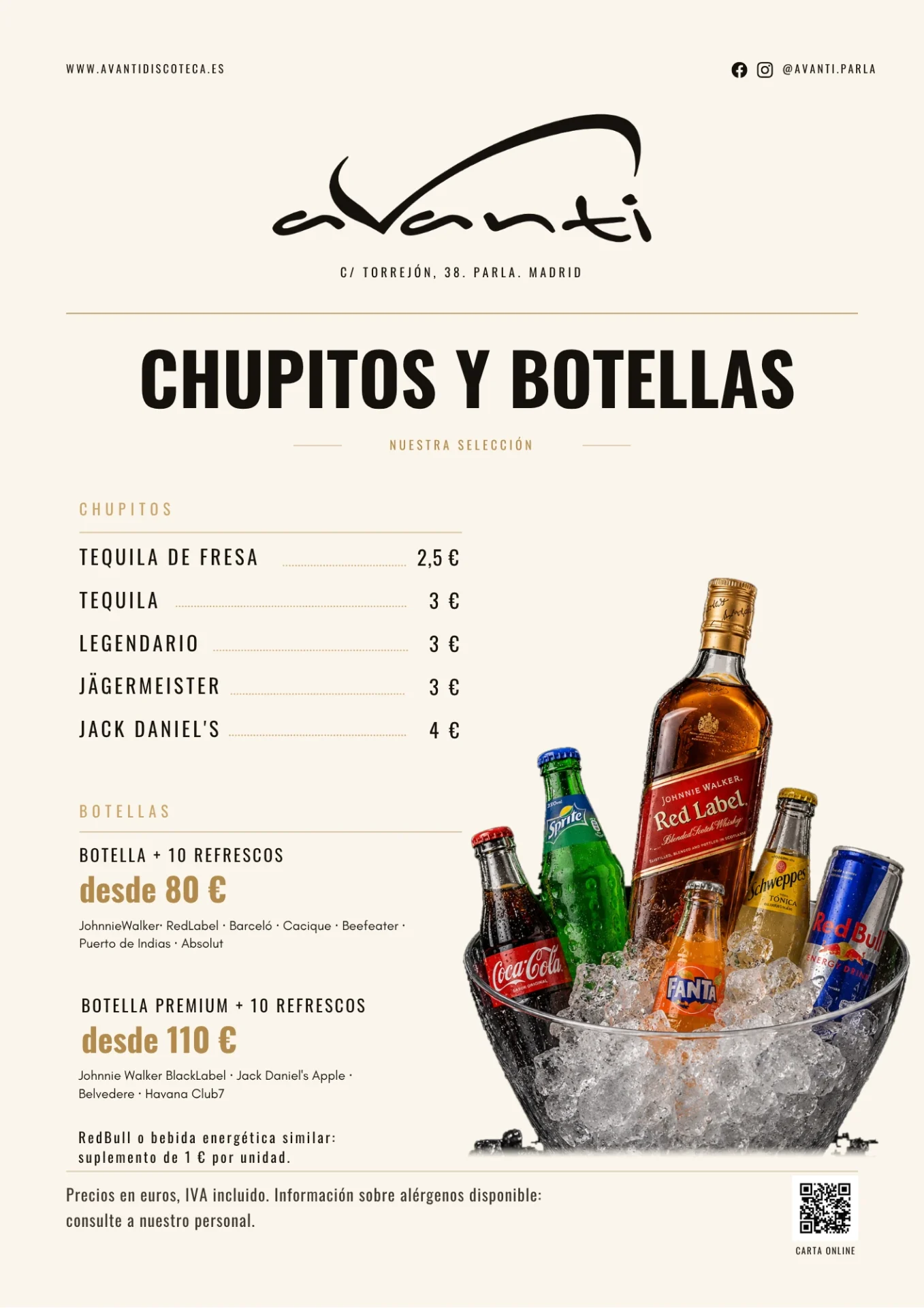 Carta de chupitos y botellas de Avanti Discoteca