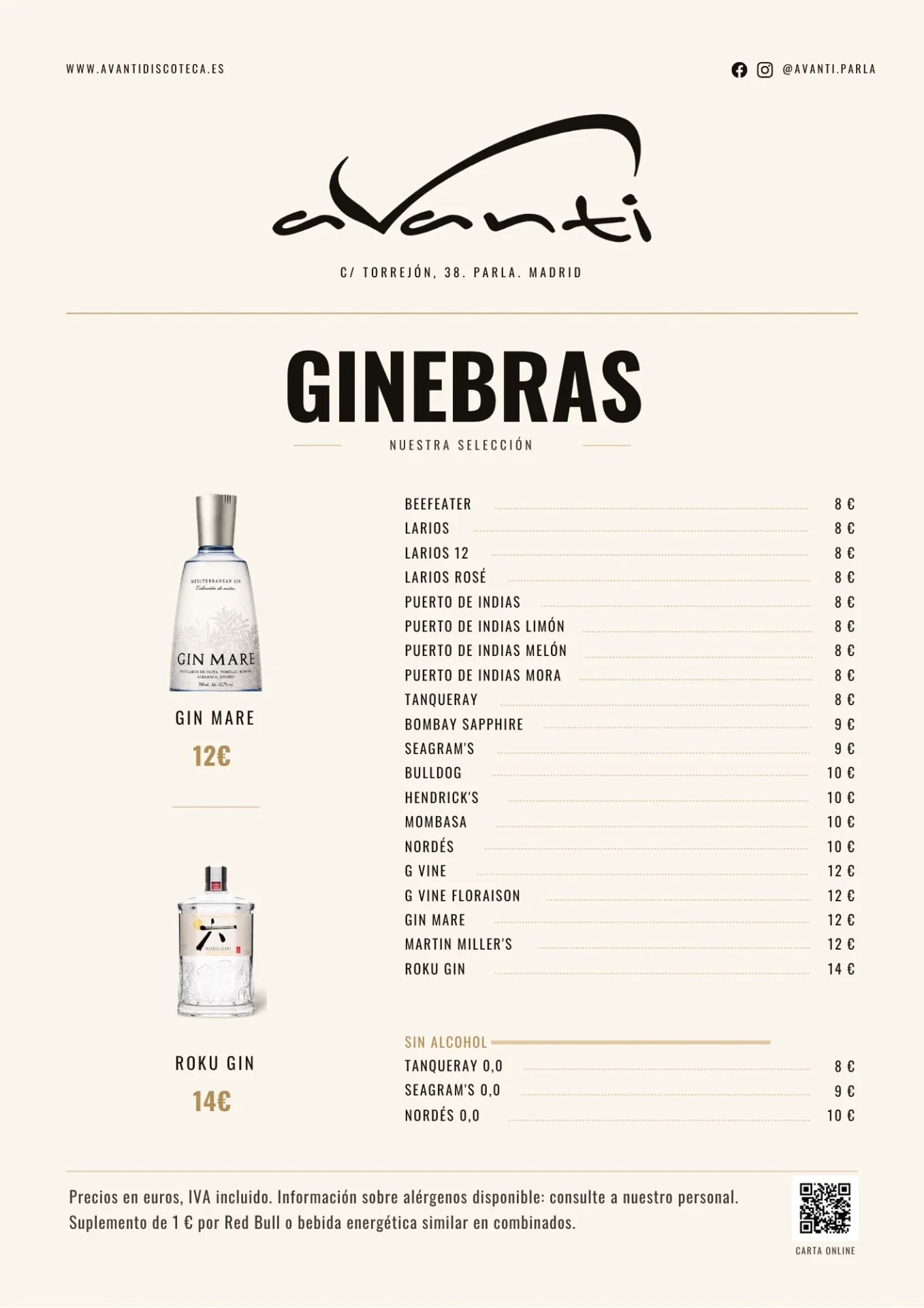 Carta de ginebras de Avanti Discoteca