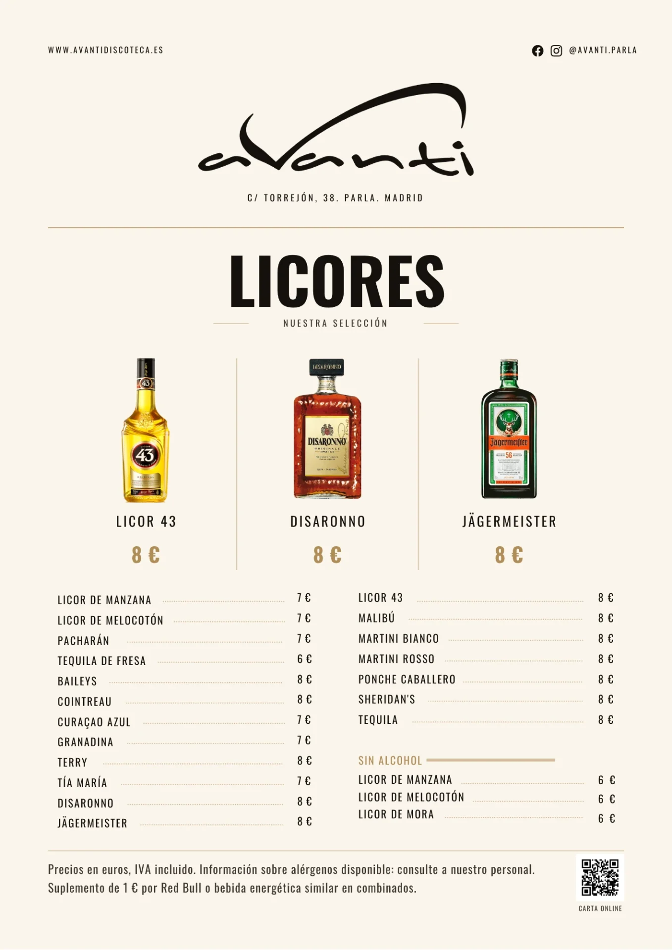 Carta de licores de Avanti Discoteca