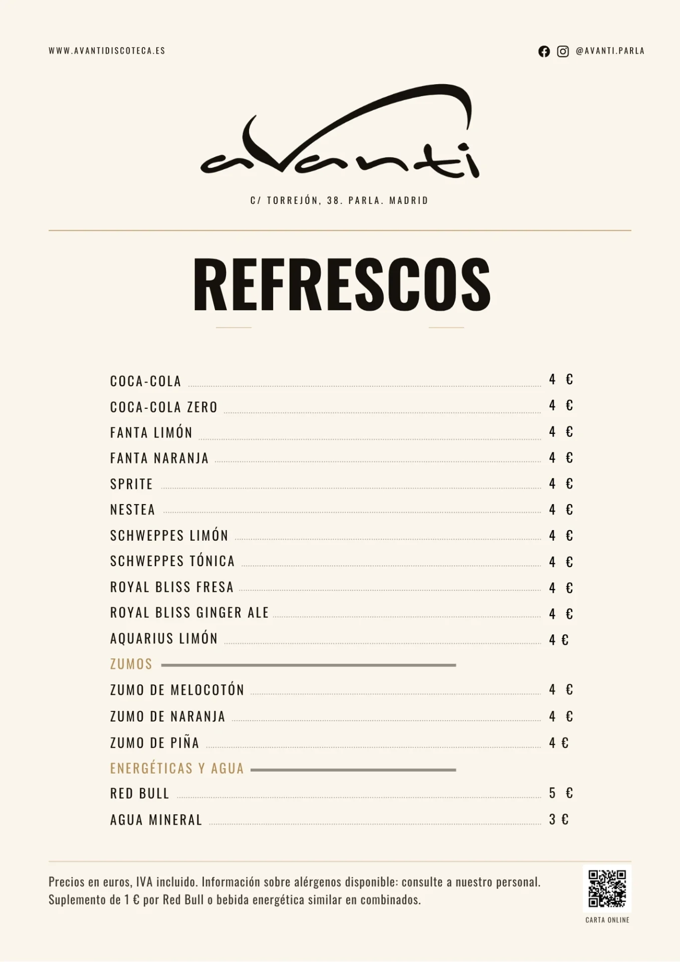 Listado de refrescos de Avanti Discoteca