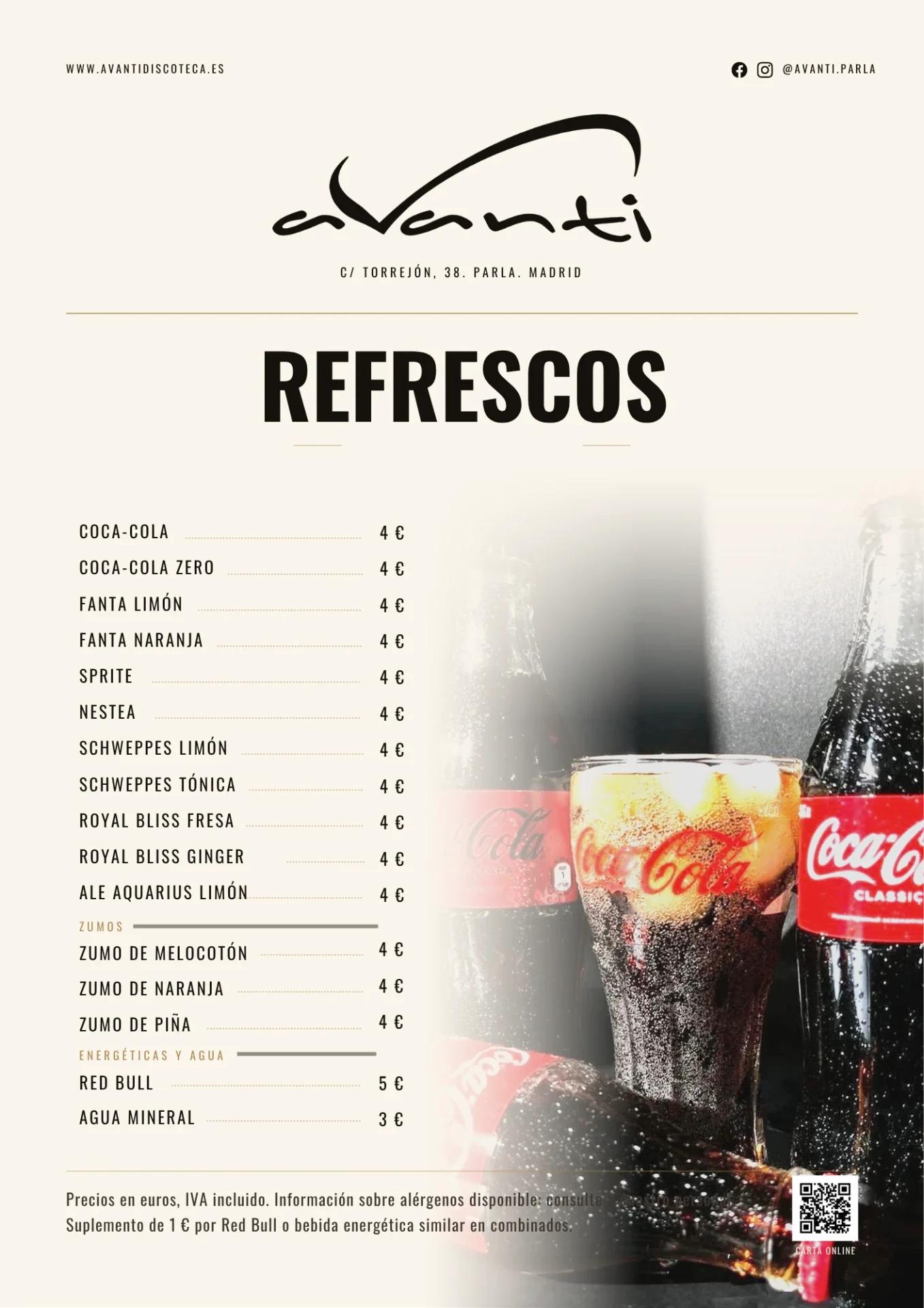 Carta ilustrada de refrescos de Avanti Discoteca