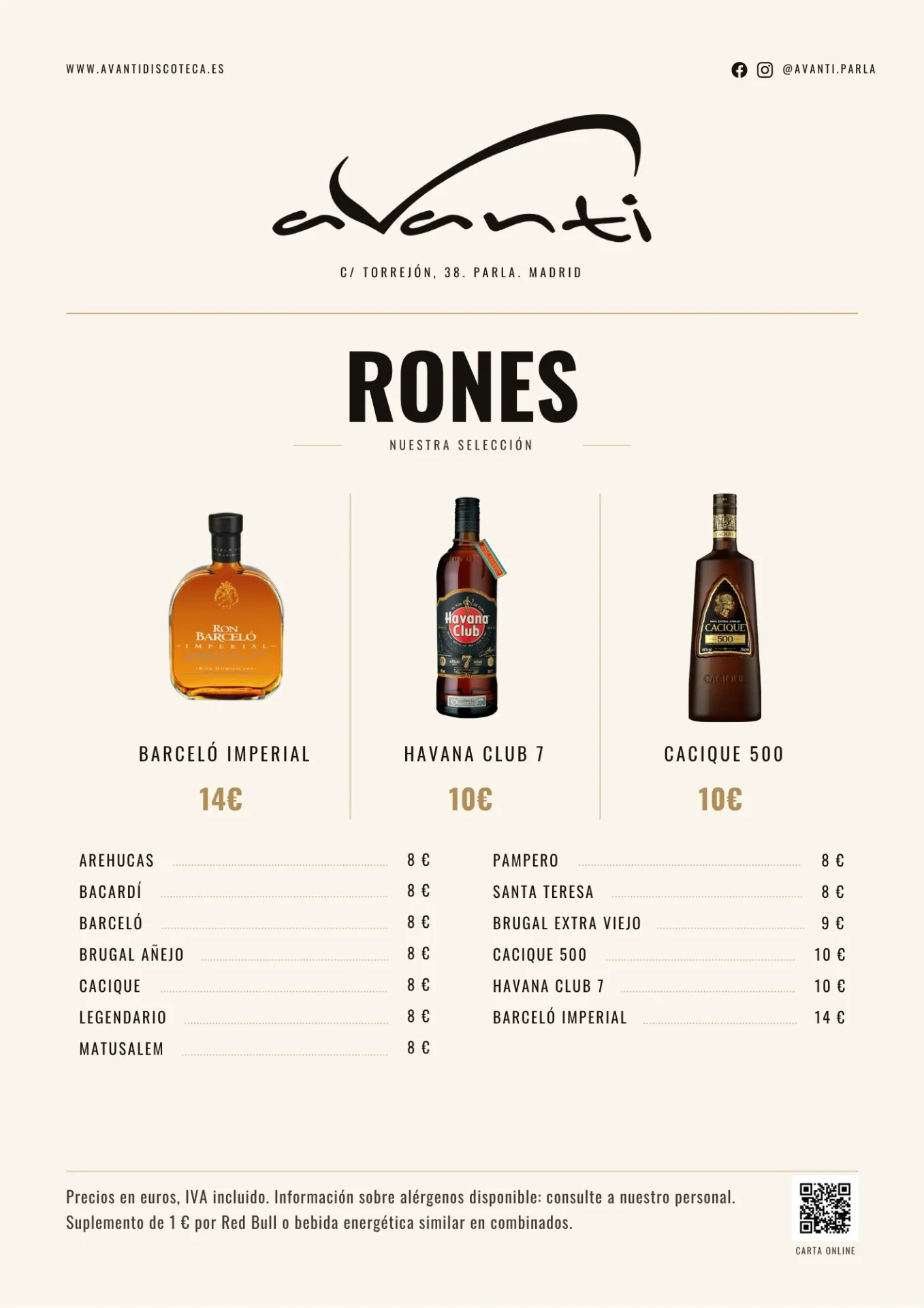 Carta de rones de Avanti Discoteca