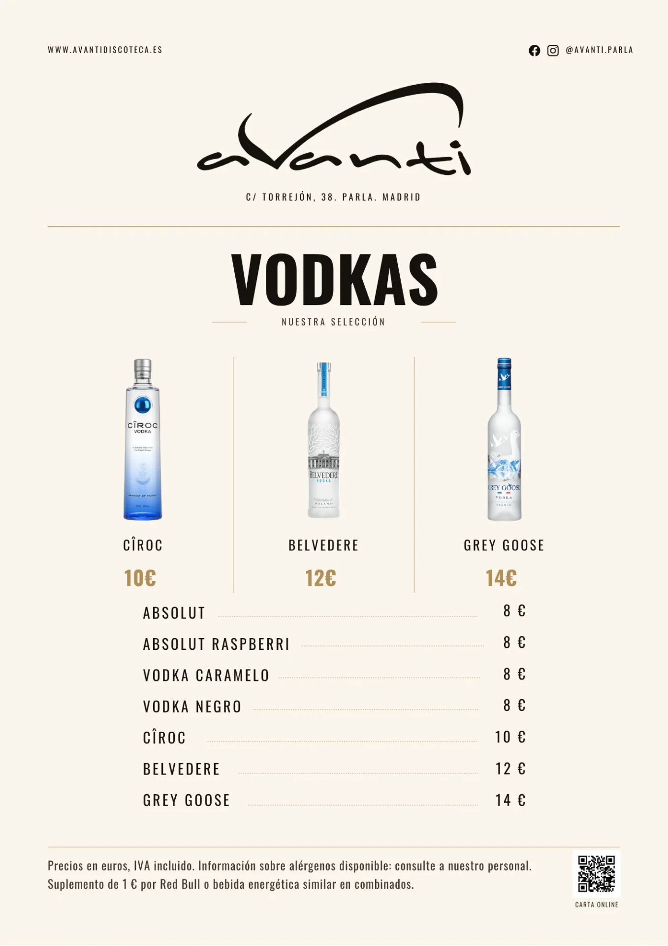 Carta de vodkas de Avanti Discoteca