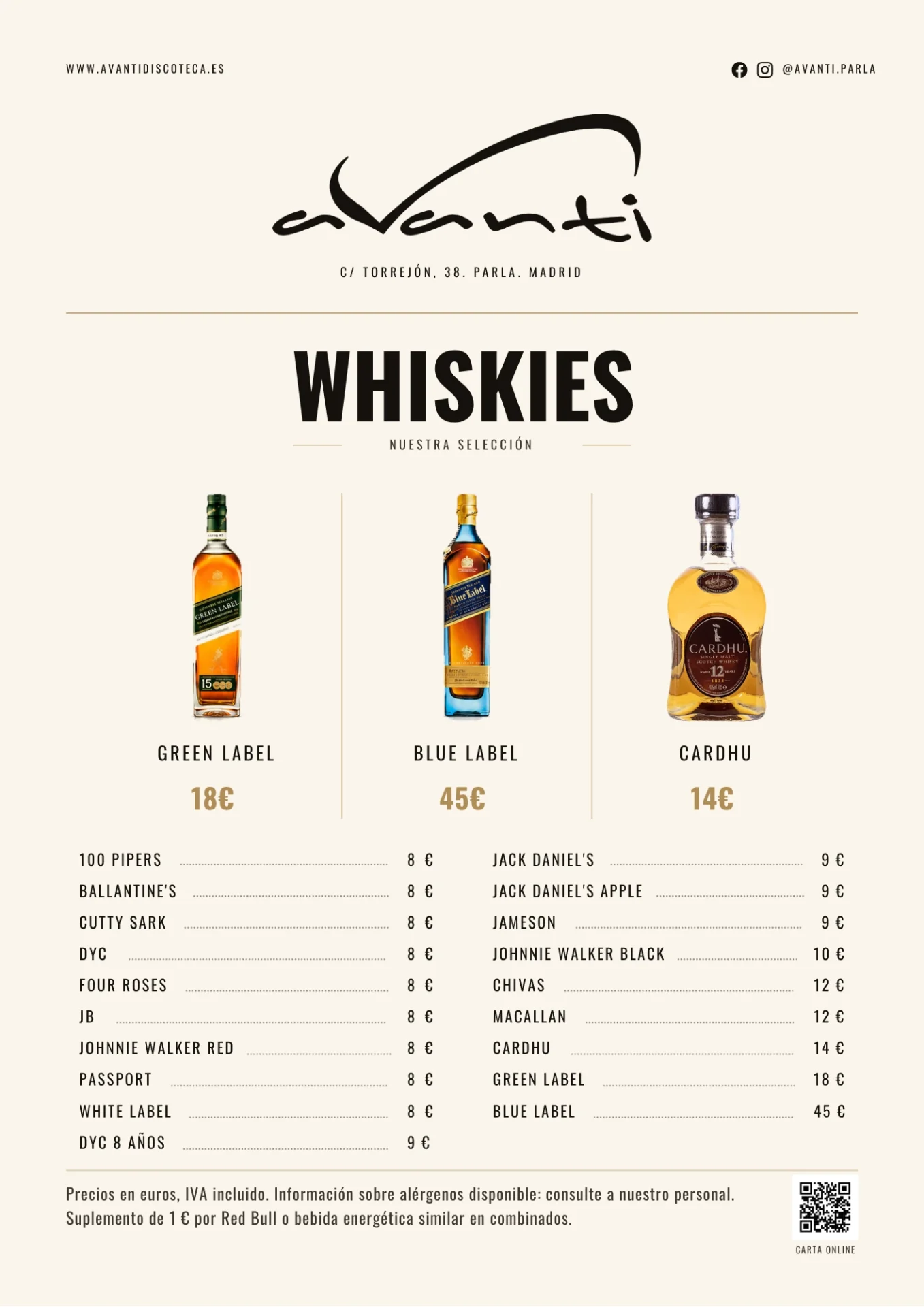 Carta de whiskies de Avanti Discoteca