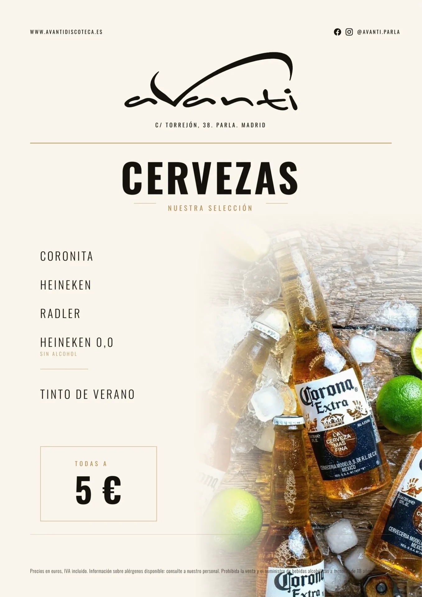 Carta ilustrada de cervezas de Avanti Discoteca
