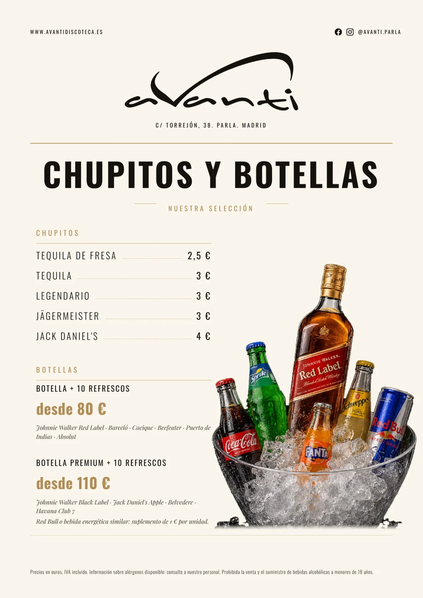 Carta de chupitos y botellas de Avanti Discoteca