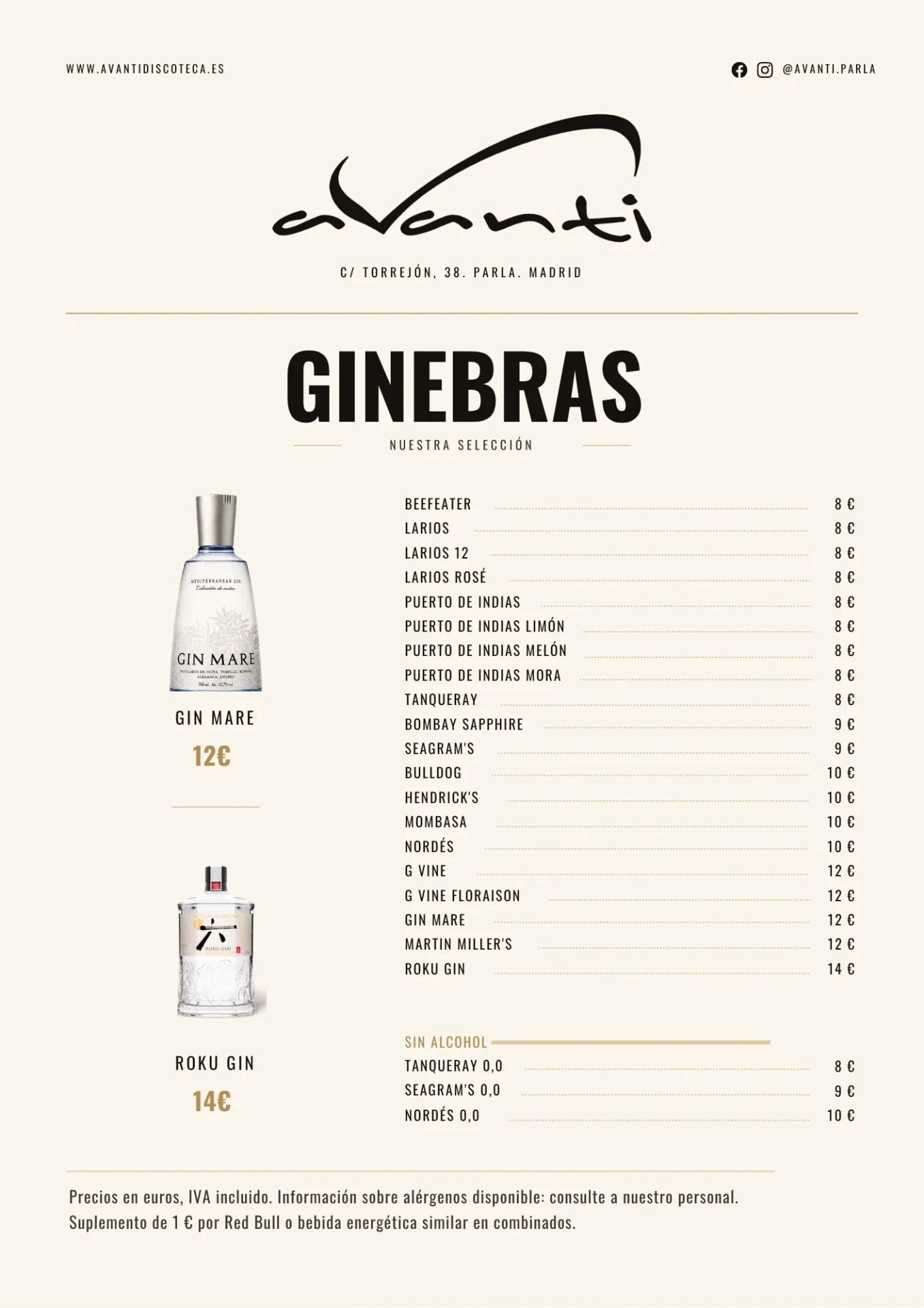 Carta de ginebras de Avanti Discoteca