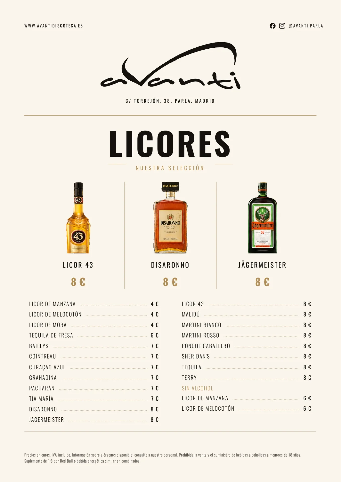 Carta de licores de Avanti Discoteca