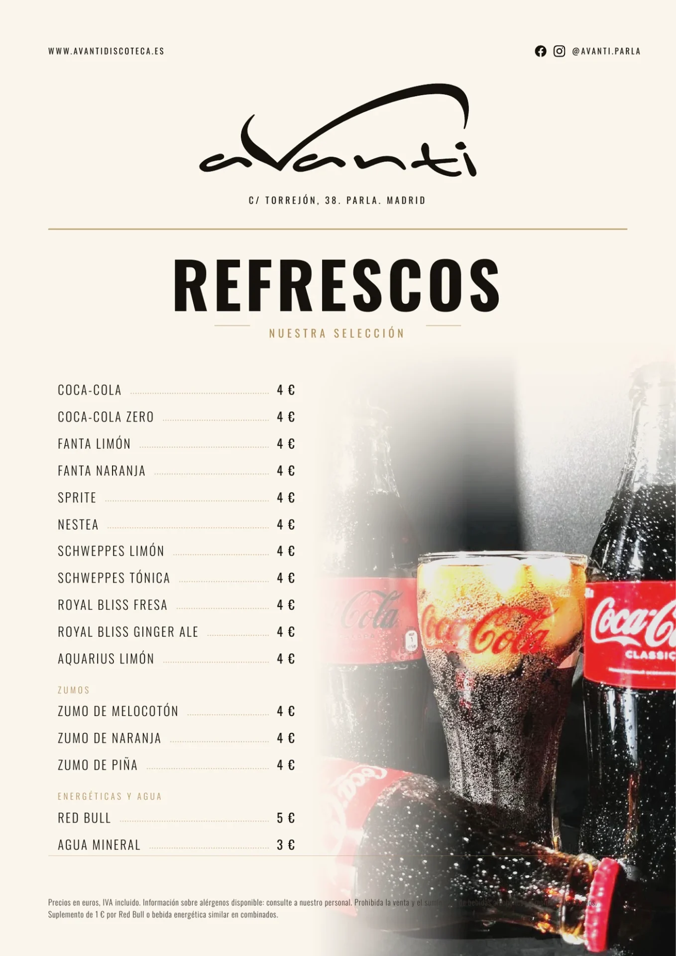 Carta ilustrada de refrescos de Avanti Discoteca