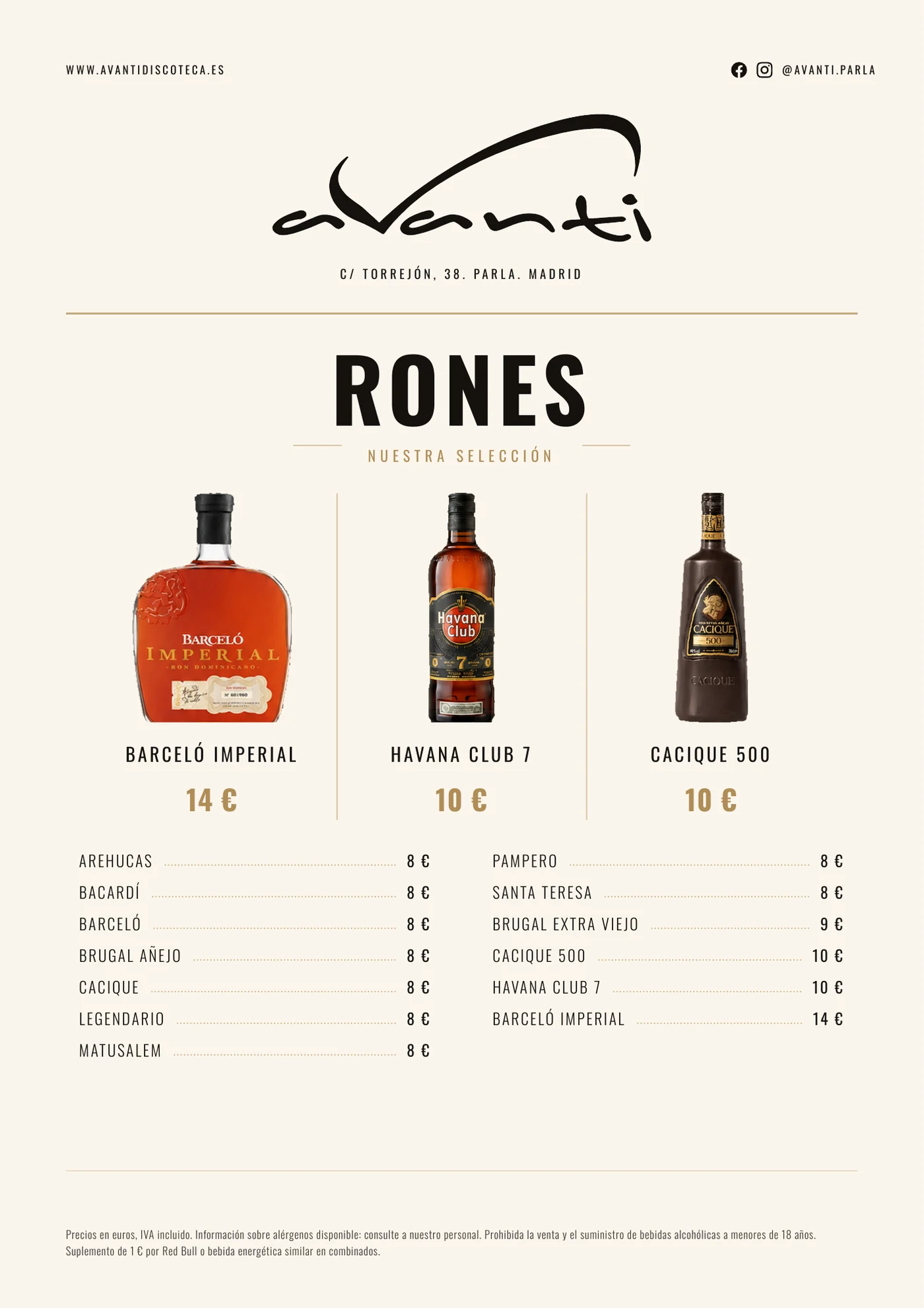 Carta de rones de Avanti Discoteca