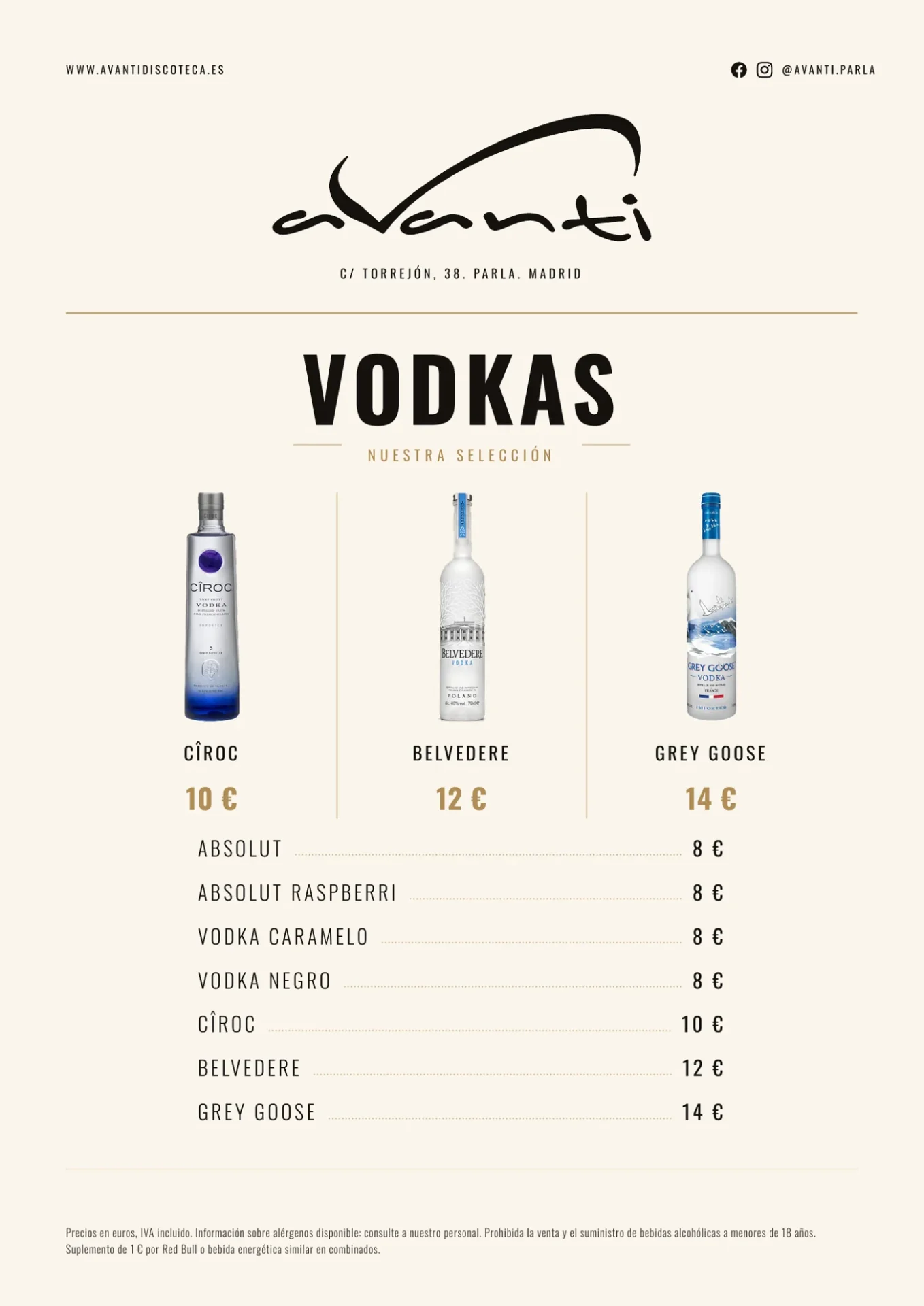 Carta de vodkas de Avanti Discoteca
