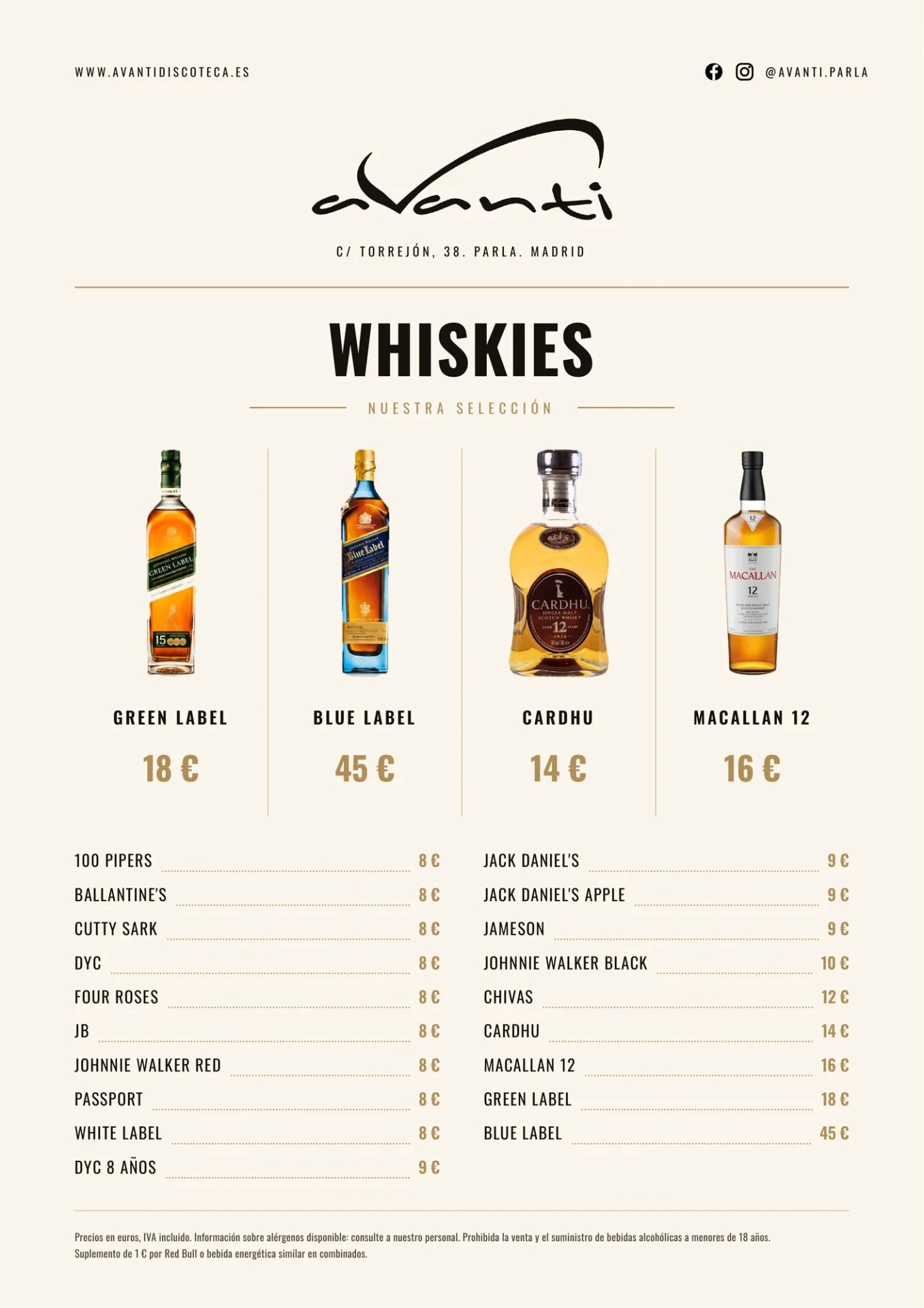 Carta de whiskies de Avanti Discoteca